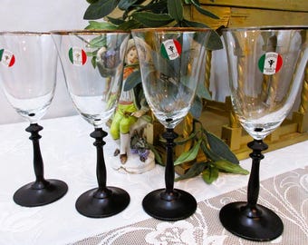 Vintage Italian Crystal Wine Glasses, Cristalleria, Clear Cup, Black Stem, Gold Rim, 8.5"