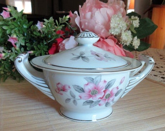 SUGAR BOWL, Harvest House China, 7"  Pink Dog Wood Flower, Platinum Accents, Japan, Vintage, Elegant, Lovely Gift.