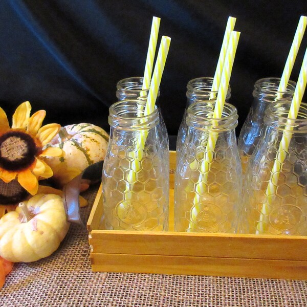 HONEY BEE Milk Bottle Set, 6 Bottles, 6 Straws, Wooden Tray, Fun, Quirky,  Honeycomb Pattern, Bbq's, Picnics, Playful, Unique Gift.