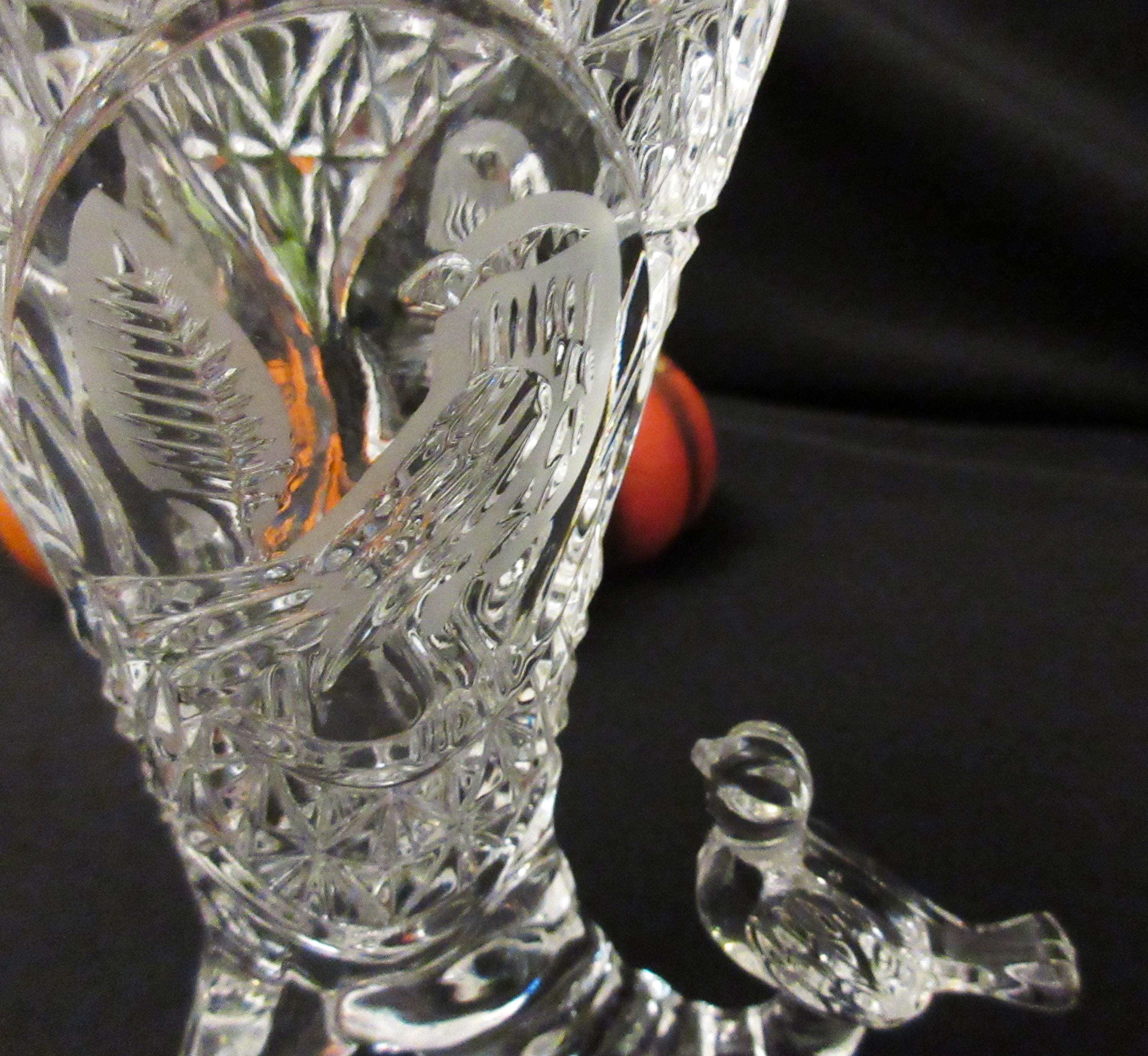 Vintage Hofbauer Crystal Cornucopia Vase: Etched Birds, Star