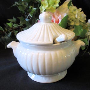 May include: A white ceramic tureen with a lid and a small spoon. The tureen has a ribbed design and two handles. The lid has a decorative finial. The background features greenery and flowers.