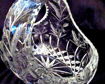 Geätzter Kristallkorb, florales Weizenmotiv, Polen, 8 Zoll