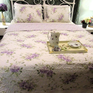 Lila Hortensien Quilt Set: Wende-Farmhaus-Königin-Bettwäsche
