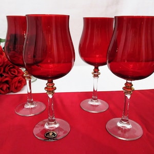 Hand Blown Italian Crystal Wine Glasses: Red Tulip with Gold Accent, Set of 4