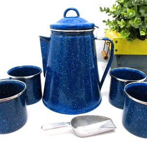 Vintage Blue Speckled Cowboy Coffee Pot, Enamelware, 4 Cups, Percolator, 9.5"