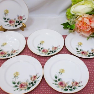 Könnte beinhalten: Ein Set aus sechs weißen Porzellantellern mit einem floralen Rosenmuster. Jeder Teller hat einen goldenen Rand und zeigt gelbe und rosa Rosen mit grünen Blättern. Ein Teller wird auf einem goldenen Ständer präsentiert.