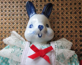 Vintage Porcelain Bunny Doll: Handmade Gingham Dress, Collectible