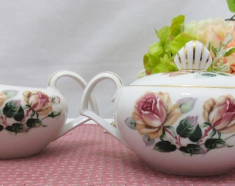 Vintage Narumi Bone China Creamer / Zucker, Kent "Trio" , Rosen, Goldakzente, Kaffee / Tee-Station