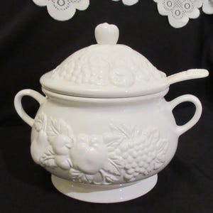 Ceramic Soup Tureen: 3-Pc White Fruit Motif, Farmhouse Server, 12".