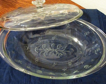 CASSEROLE DISH , ELEGANT,  13 1/2", Anchor Hocking, "Savannah" Pattern, Southern Floral, 1960's, Farmhouse, Classic, Lovely Gift.