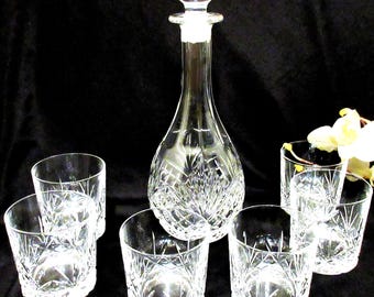 Vintage Godinger Crystal Decanter Set: Teardrop Bottle & 6 Old Fashioned Glasses, 13"