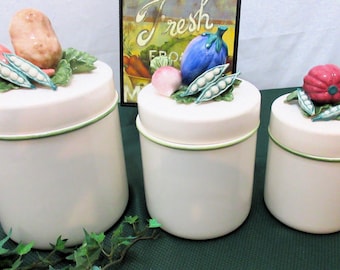 Vintage Ceramic Canister Set: Vegetable Knobs, Farmhouse Kitchen Storage, 10.5"