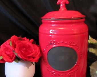 Red Ceramic Kitchen Canister: Chalkboard Label, French Scroll, 11.5&quot;