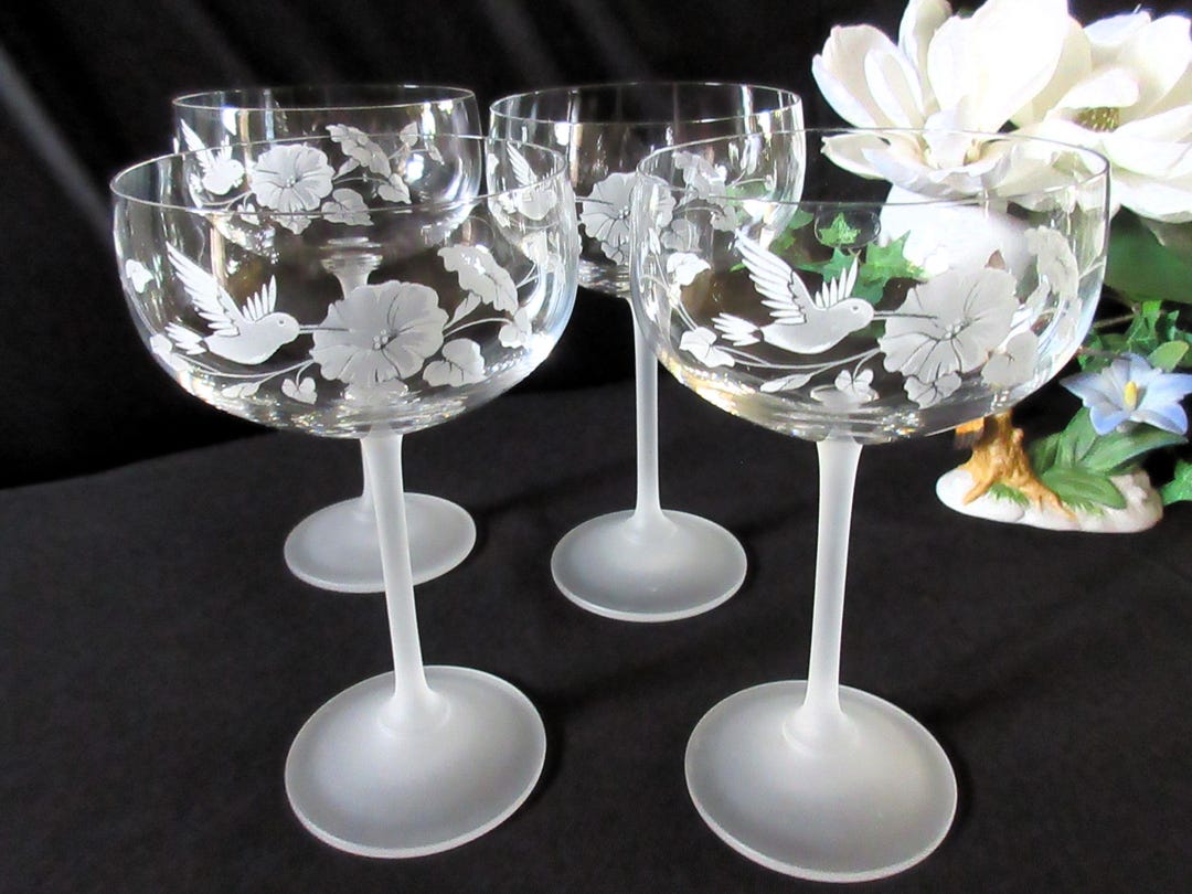 CRYSTAL HUMMINGBIRD GLASSES, 4, Champagne Coupes, Avon, Elegant, 6 3/4 ...