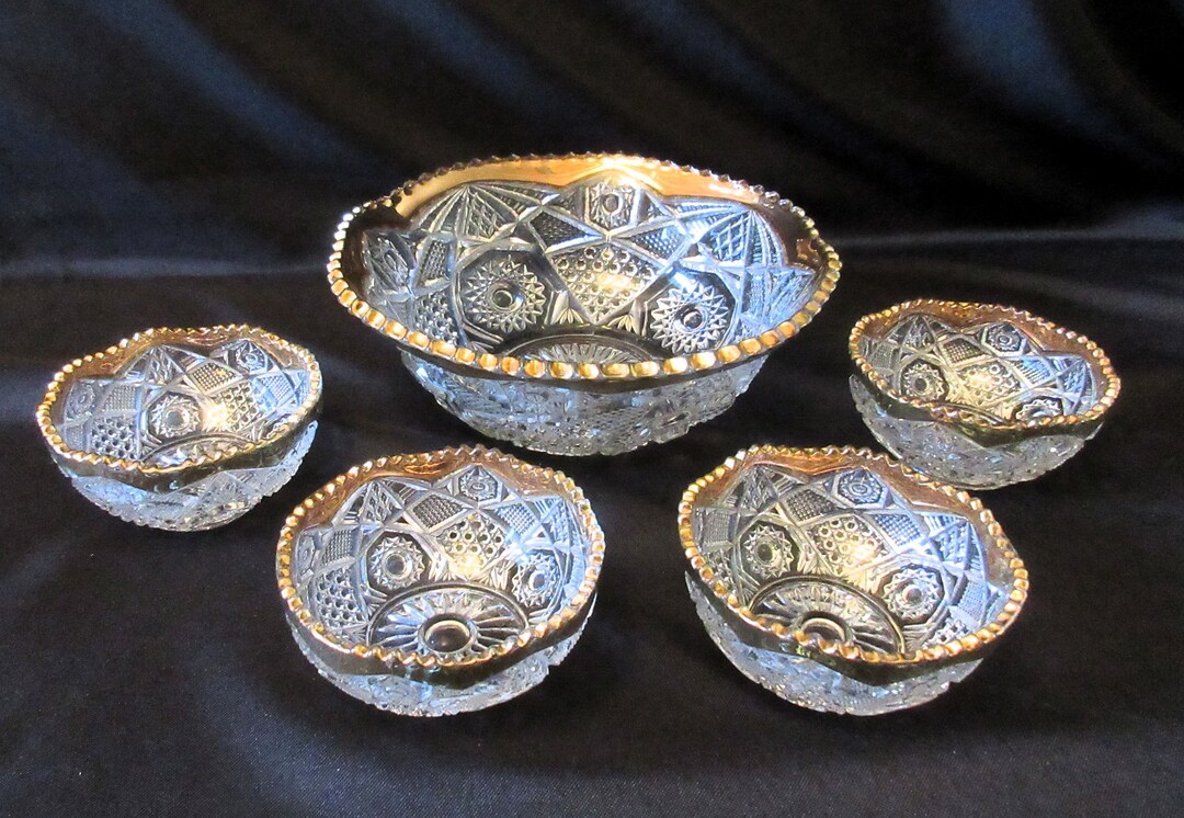 CRYSTAL BOWL SET 5 Pc Gilded Edge Pressed Cut Elegant Etsy