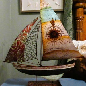 Handmade Model Ship, Bronze, 3 Sail, Patina, French Writing, 26"