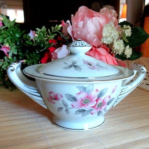 Azucarero de porcelana vintage Harmony House: Cornejo rosa, detalles platino, 18 cm