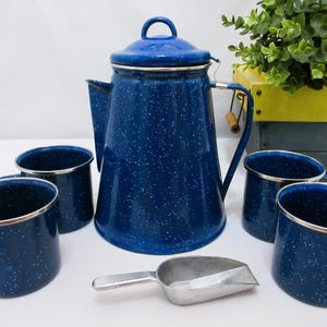 Vintage blå spräcklig cowboy kaffekanna, emalj, 4 koppar, perkulator, 23 cm