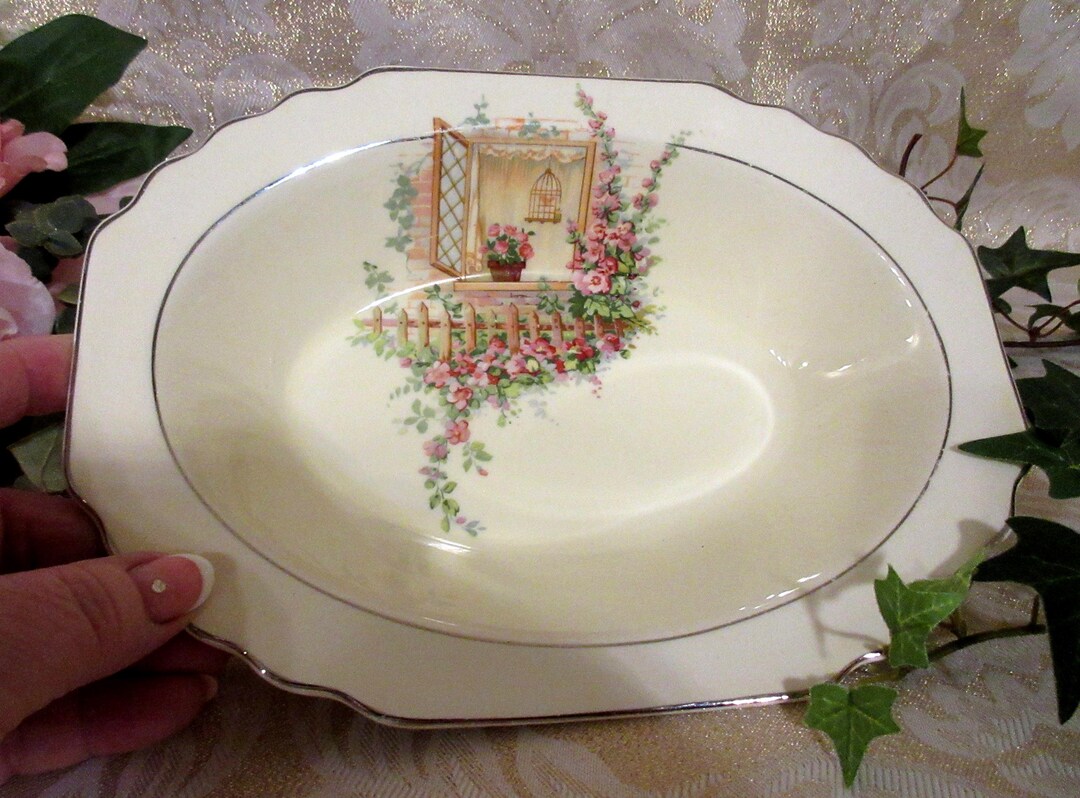 Vintage W.S. George Bowl: Canarytone Pink Roses Window Scene