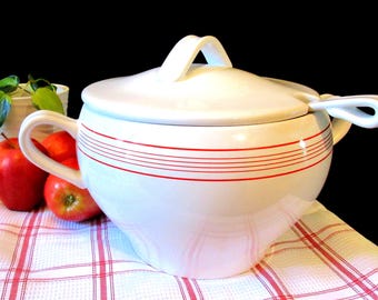White Ceramic Soup Tureen: Red Pin Stripes, Farmhouse Decor, 13".
