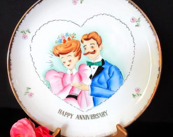 Norcrest Happy Anniversary Porcelain Plate, Victorian Couple, Decorative Keepsake, 10.5"