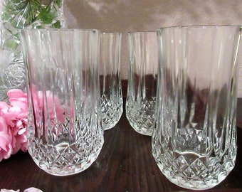 CRYSTAL GLASSES, 4 , France, 5 3/8",  Cristal d'Arques, Highball, Elegant Drinkware, Diamond Pattern, 8 Sided, Formal Gift.