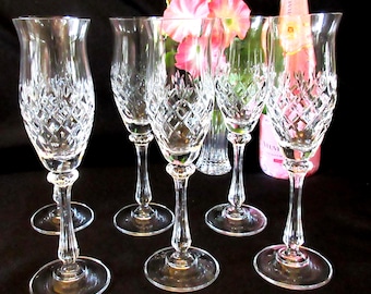Vintage Crystal Champagne Flutes, Pineapple Cut, Ribbed Stem, Hand Blown, European, 8.5",  Set of 6