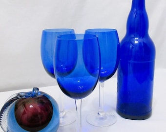Copas de vino Libbey azul cobalto, tallo transparente, estilo vintage, 23,5 cm (9,25 pulgadas), juego de 3.