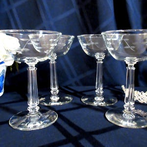 Etched Leaf Crystal Champagne Coupes: Mid-Century Toasting Glasses, 5.5"