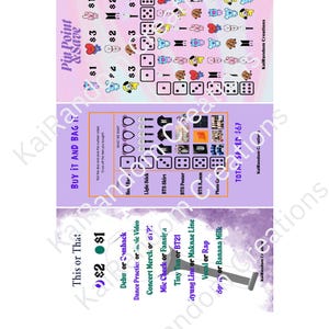 May include: A purple and pink sheet with various BTS-themed stickers, dice, and text. The sheet includes phrases like "Pin Point & Save" and "Buy It and Bag It." The sheet also has a price list.