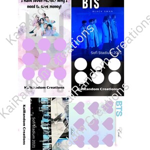 May include: A collection of BTS-themed items. One features a group photo with the text "I have seven reasons why I need to save money!" Another shows the group with "BTS BLACK SWAN Sofi Stadium 2021." Additional items include purple circles and hearts.