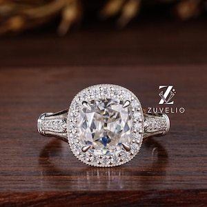 2.50 Ct OMC Cushion Cut Moissanite Engagement Ring, GH Cushion Old Mine Cut Ring, Halo Ring, Antique Vintage Ring for her, Anniversary Gift