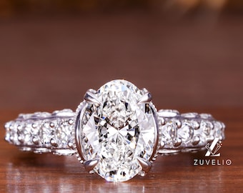 2.85 CTW Lab Grown Diamond Oval Cut Engagement Ring, Prong with Hidden Halo Style, 14kt White Gold IGI Certified Anniversary Ring for Women