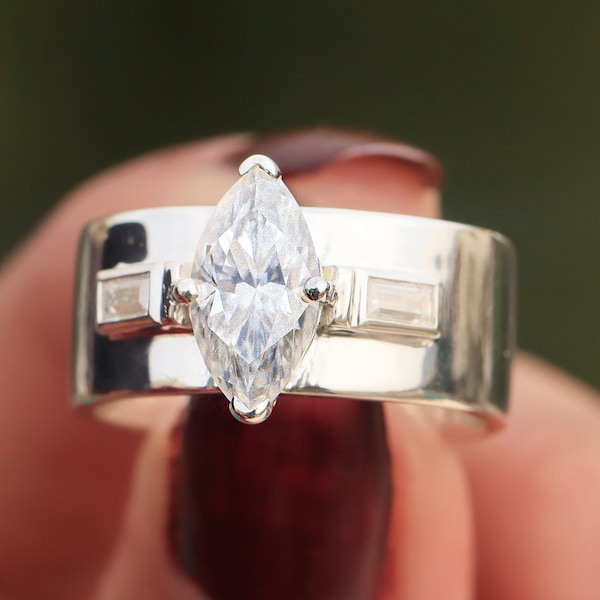 1.58 Ctw Moissanite Engagement Ring, Three Stone Marquise & Baguette Cut, Unique Anniversary Ring, (ER101533)