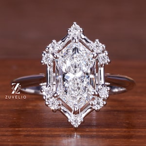 Hexagon Form Lab gewachsen Diamant Verlobungsring, 18kt Weißgold Brautring in IGI zertifizierten Diamant Schmuck für Frauen, Krappenfassung