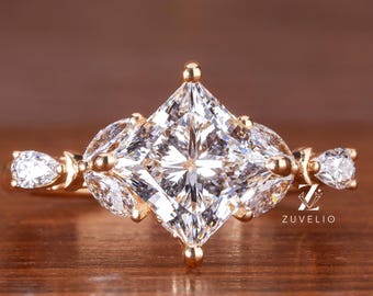 Princess Cut Lab Grown Diamond Engagement Ring, Marquise & Pear Side Stone in 18kt Yellow Gold, IGI Certified Lab Created Diamond Wedding