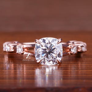 Cushion Cut Moissanite Engagement Ring 18kt. Rose Gold Setting, Colorless Moissanite with Prong Setting, Split Shank Anniversary Wedding