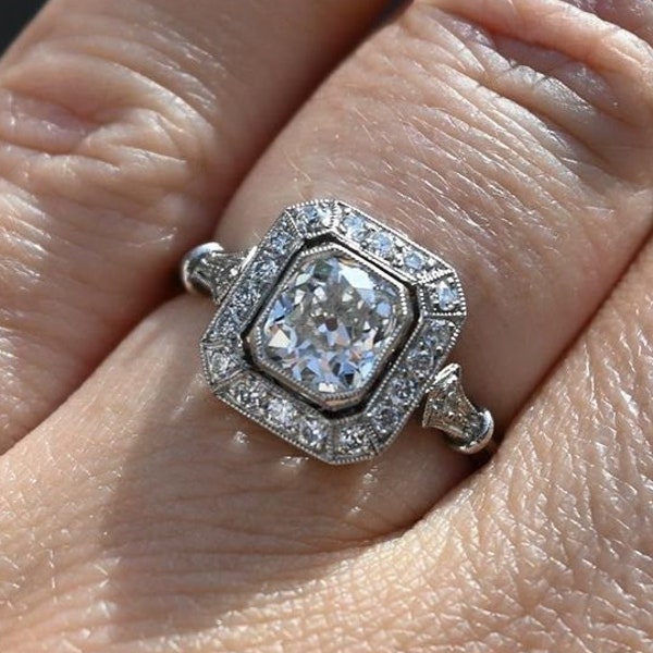Unique Platinum Setting Engagement Ring, Milgrain Style Ring, Oval Cushion Mix Diamond Moissanite Ring, Art Deco Antique Jewelry for Women