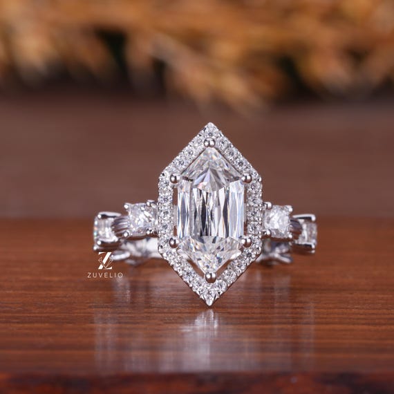 Elongated Hexagon Moissanite Engagement Ring: White Gold Halo