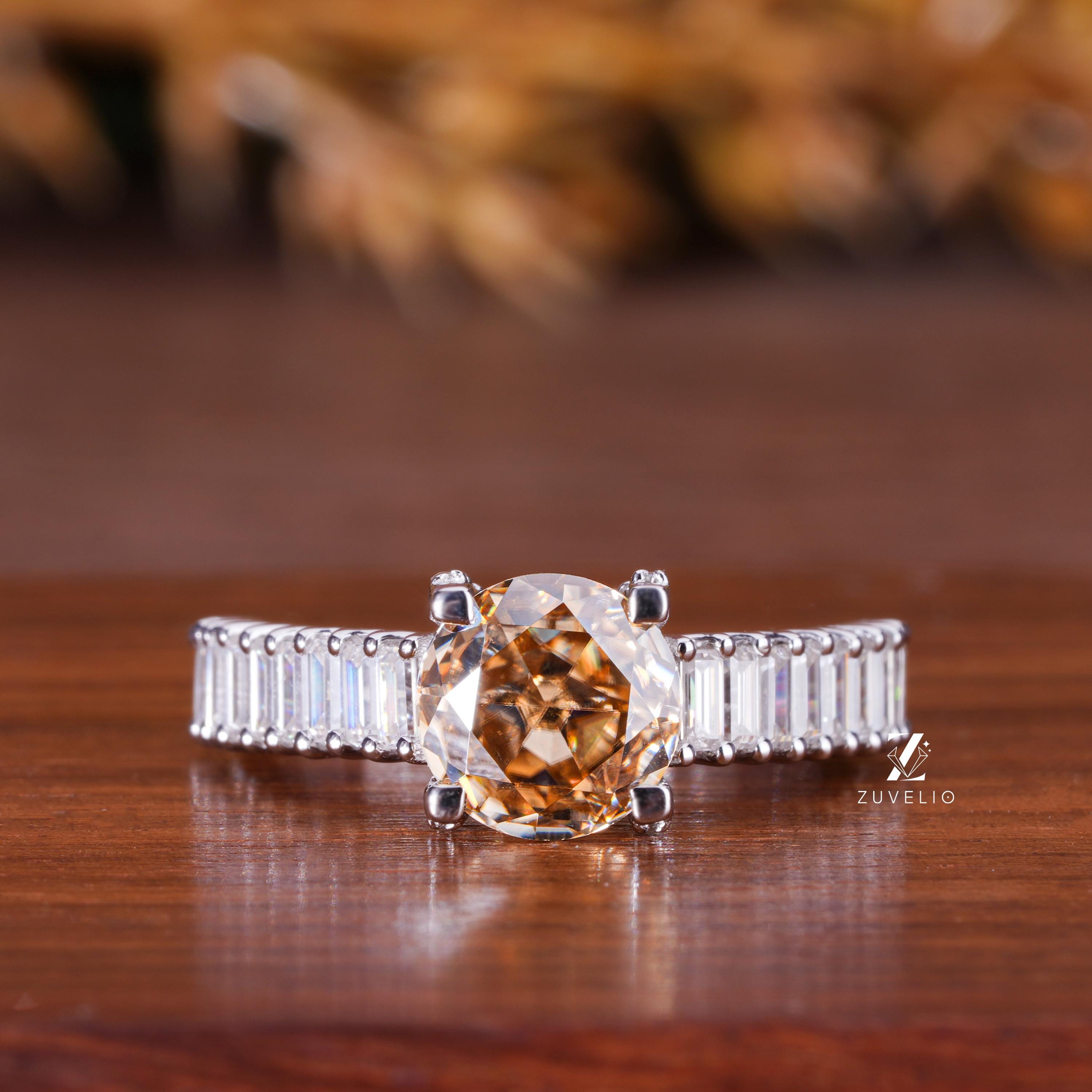 Champagne Moissanite Engagement Ring: Round Cut, Baguette Accents