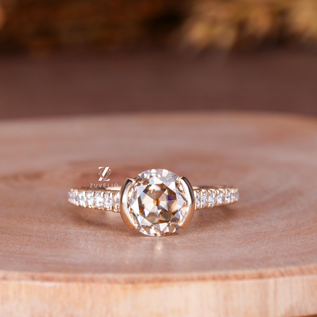Champagne Moissanite Engagement Ring: Yellow Gold Half Bezel, Crossover ...