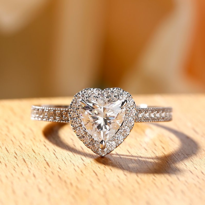 Heart Shape Moissanite Engagement Ring Halo Wedding Ring Etsy