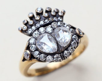 Anello Moissanite da 1,98 CTW, design a corona in oro giallo, cinturino vintage, delicato anello di fidanzamento a forma di cuore
