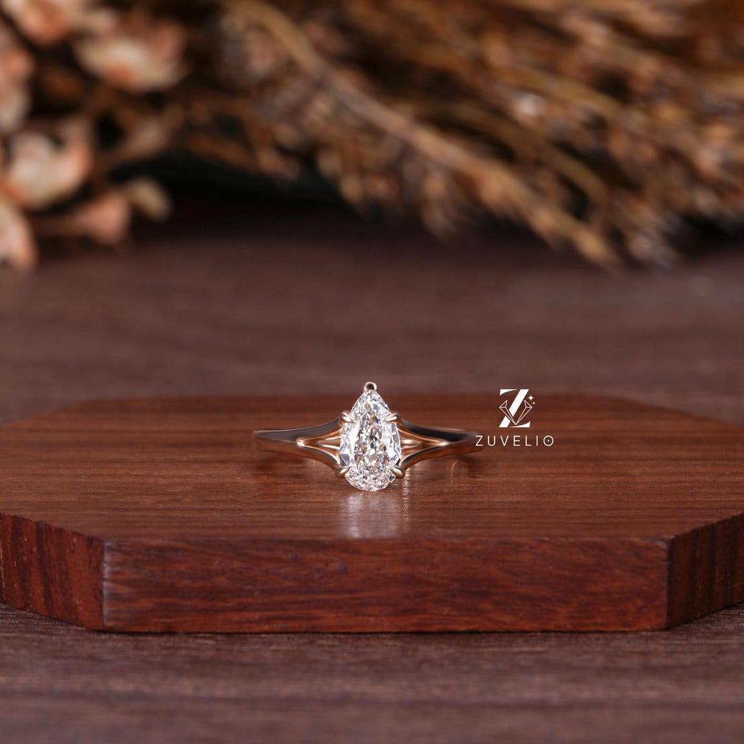 Pear Cut Lab Diamond Engagement Ring Rose Gold Split Shank Solitaire - Etsy