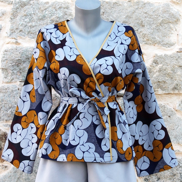 Ensemble Kimono + Short - Wax au motif marron, gris et bleu marine et suédine grise - Adulte : taille S (34/36)