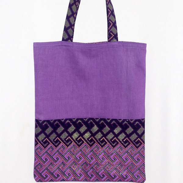 TOTE BAG réversible avec poches - Toile parme & wax au motif violet et or sur fond parme
