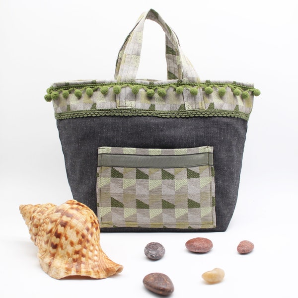 SAC CABAS - Porté main - Jean's noir et beige & jacquard au motif gris et vert - Taille M