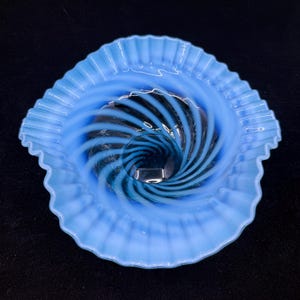 Fenton Blue Opalescent Spiral Optic Crimped Ruffled Rim 9.5” Bowl