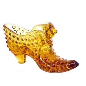 Fenton Art Glass Amber Hobnail Shoe Slipper with Cat Head