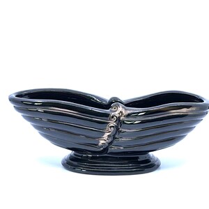 Vintage MCM Red Clay Pottery Glossy Ribbed 10.5&quot; Black w Gold Detail Planter